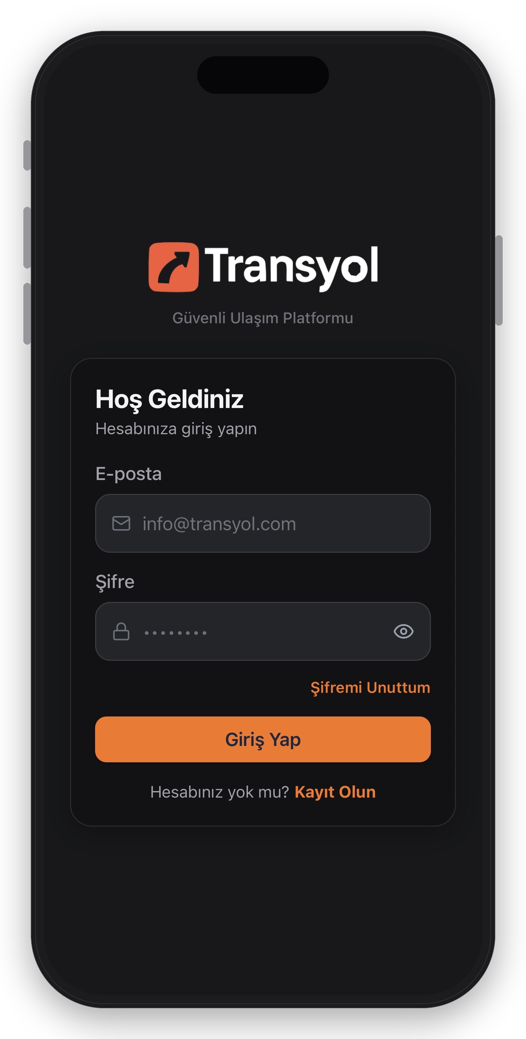 Transyol uygulaması iPhone ekranında: giriş ekranı